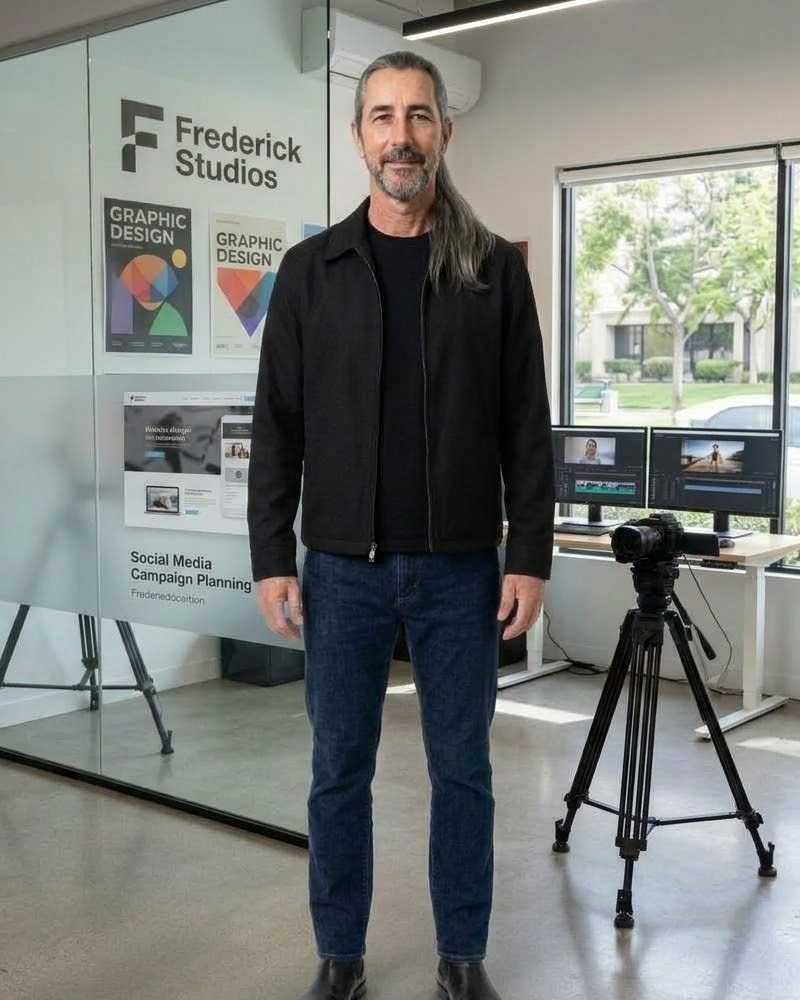 Brad Frederick, founder of Frederick Studios, standing in the studio with client work on the glass behind him