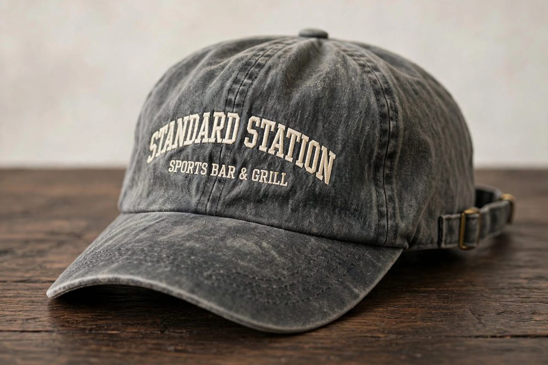 AI-built merch concept for Standard Station: a washed charcoal cap with the venue name embroidered in cream thread