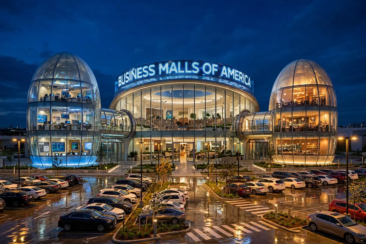Business Malls of America — the three golden domes lit up at night