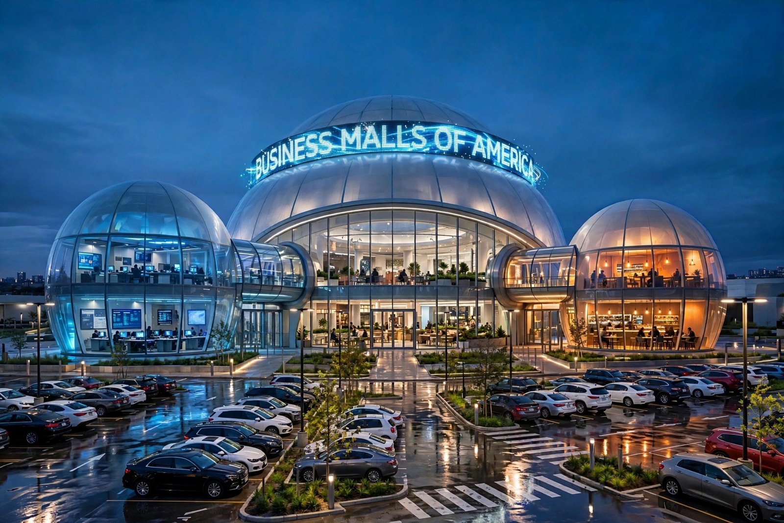 Business Malls of America investor page at dusk