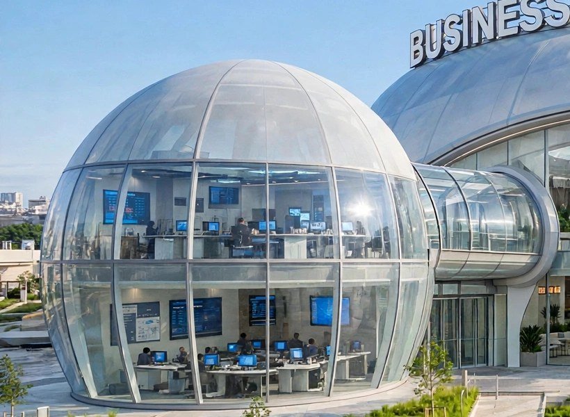 Left dome concept render — 50 yards wide, two stories