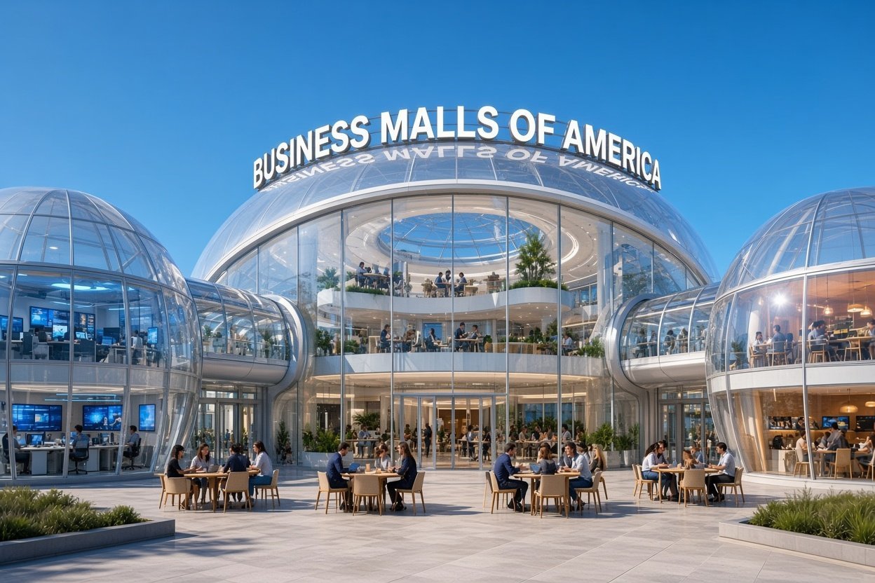 Daytime aerial view of the three domes and parking field, Business Malls of America