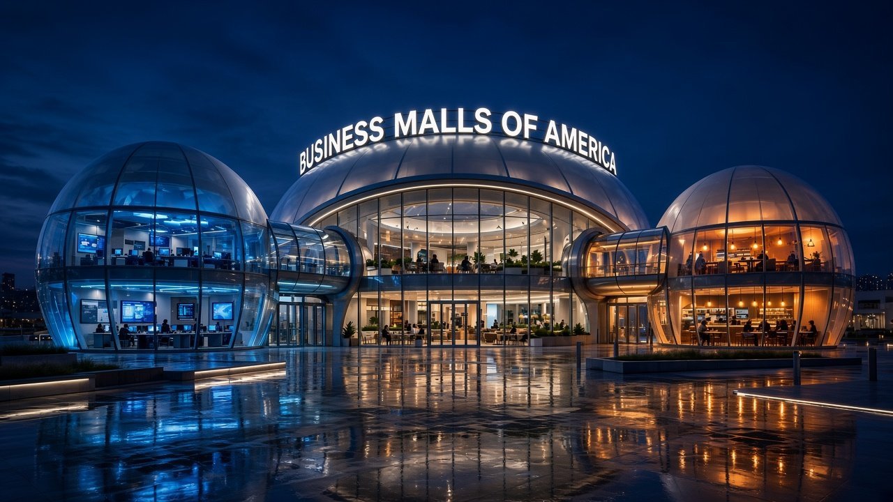 Wide dusk view of the three illuminated domes, Business Malls of America