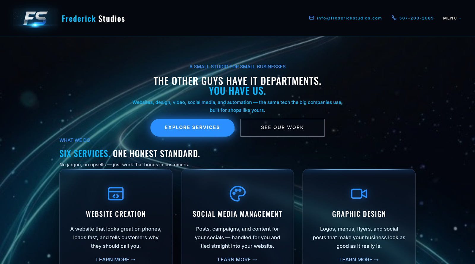 Frederick Studios homepage — this website, built by AI