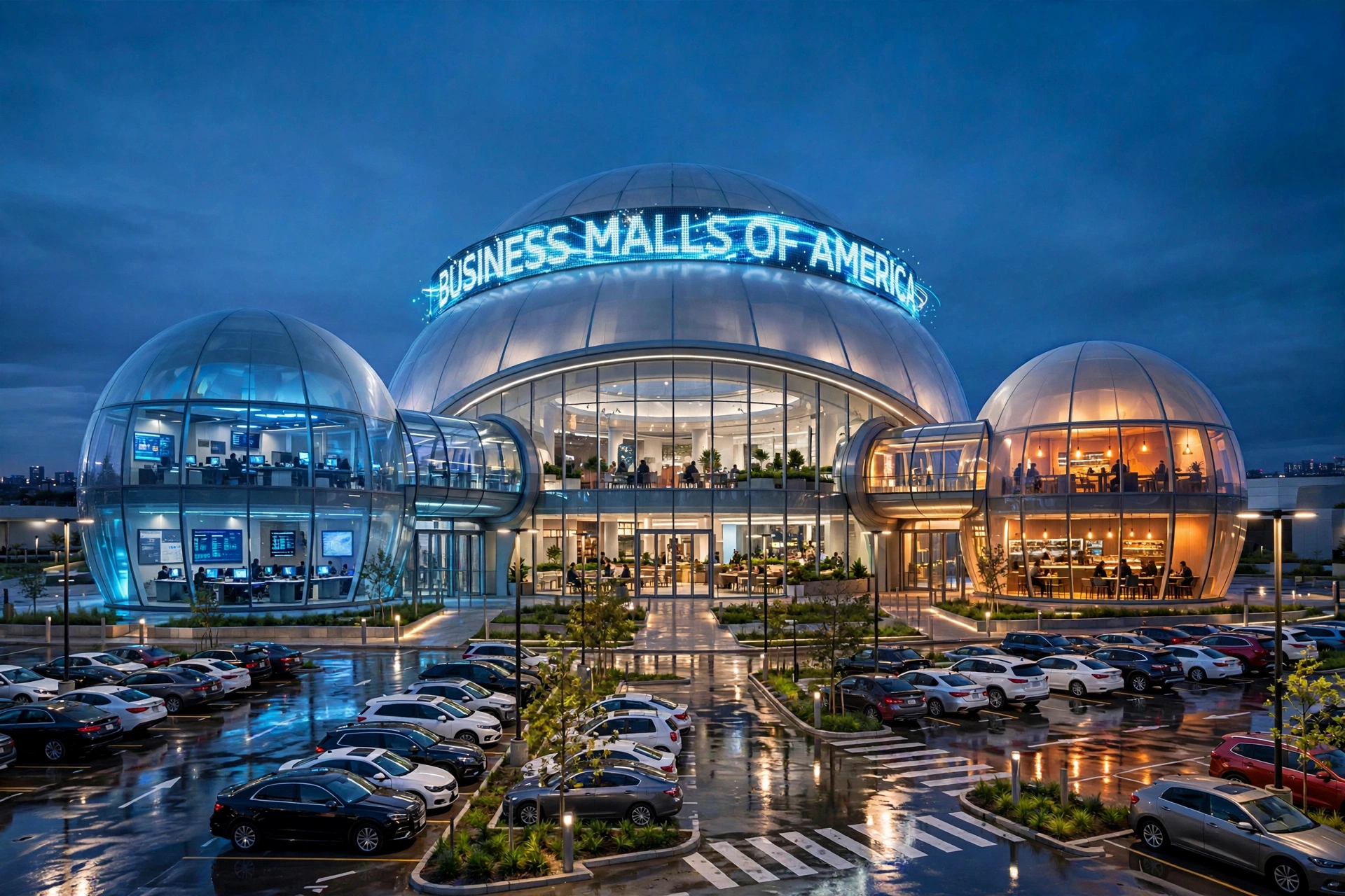 All three domes shown in true proportions, Business Malls of America